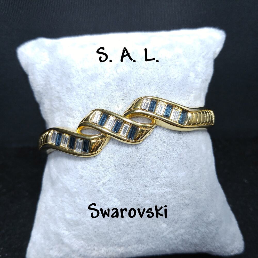 Vintage Swarovski SAL Hinged Bracelet Blue Clear Baguette Gold Tone